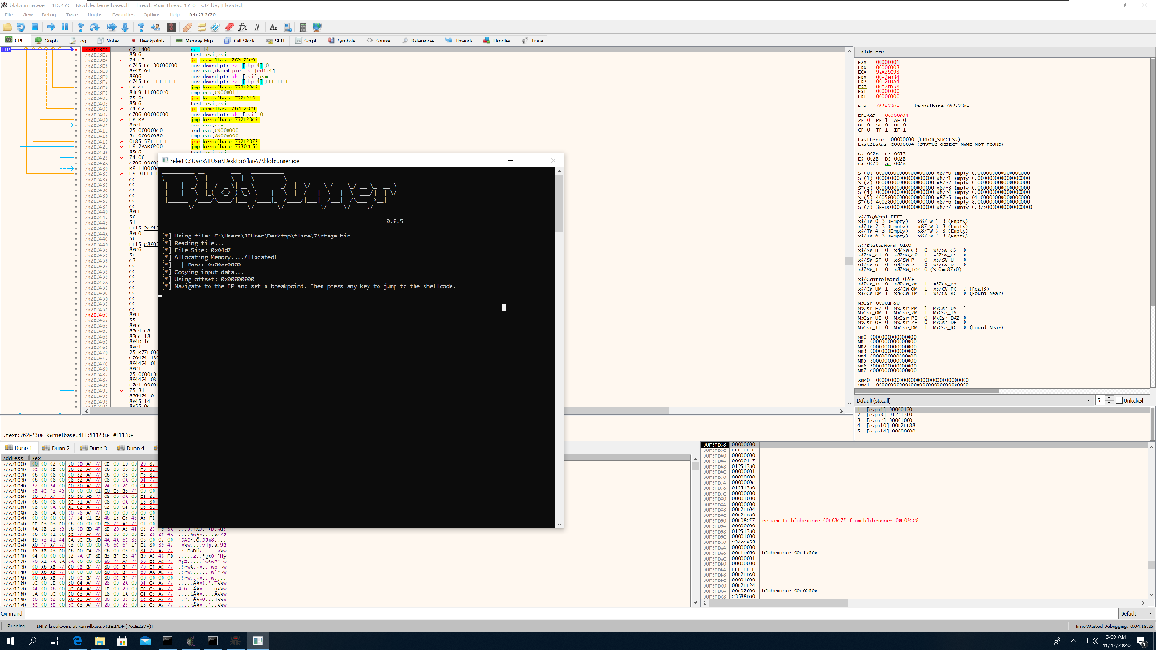 Debugging the shellcode with Blobrunner and x64dbg.
